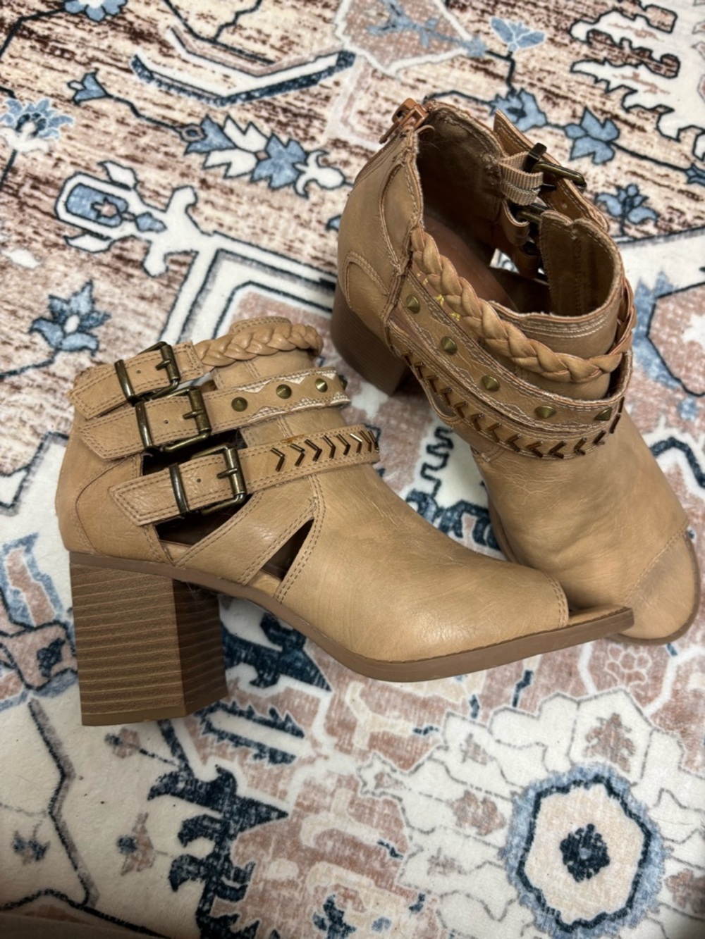 Sugar Tan Braided Strap Block Heel Booties